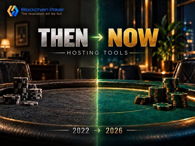 A poker-themed promotional graphic reads “Blockchain Poker” and “The revolution will be fun,” with “THEN → NOW,” “HOSTING TOOLS,” and “2022 → 2026” over a casino table split into darker past and brighter present halves.