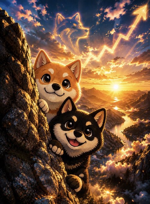 A stylized, anime-inspired illustration of two cute Shiba Inu dogs (one tan, one black) peering over a rocky cliff at a glowing sunset landscape, with a wolf-like spirit and an upward-pointing arrow in the clouds above.