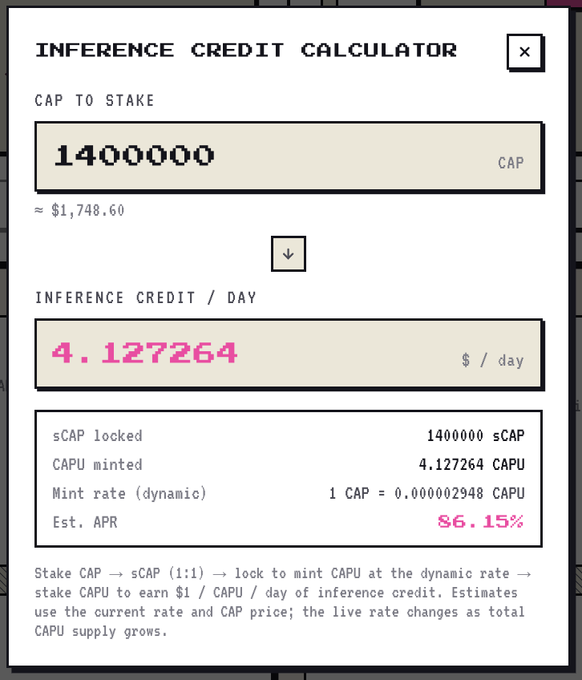 The image shows a screenshot of an inference credit calculator which has text written in white along with numbers. The main elements of the screen include a header and footer, as well as a box containing the title of the calculator and details on what is included in the calculations displayed within it. There are two numbers present in the title that relate to inference credit calculations; these numbers serve as the cap value for the initial stake amount, with each number corresponding to a different payment. Additionally, there's another number in the footer which could be referred to as the inferred credit price per day or the inferred CAP return per $1 invested, depending on the context of the calculator and what it intends to show users.