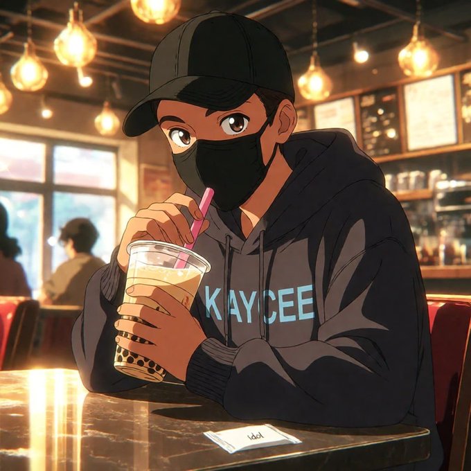 An anime-style illustration depicts a person wearing a black cap, face mask, and a black hoodie with 'KAYCEE' printed in light blue, drinking bubble tea in a cafe.