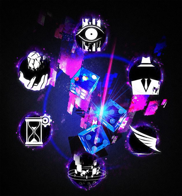 A vibrant digital artwork features dice and various symbols including a hand holding a diamond, an hourglass, and a masked figure, set against a dark background with purple and blue accents.
