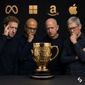 Four tech leaders rest their chins near a golden trophy, displayed beneath icons of Meta, Microsoft, Amazon, and Apple, promoting a limited-time trading competition offering $10 rINTC rewards for trading rTSLA, rGOOGL, rINTC, rMETA, rMSFT, or rAMZN with ≥1,000 USDT volume by July 31, 2026.