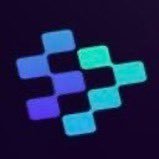 A pixel-art style logo featuring interlocking squares in shades of blue, teal, and purple on a dark background.