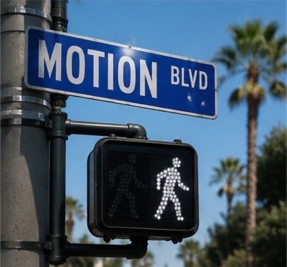 A street sign for Motion Blvd with a pedestrian walk signal, set against a backdrop of palm trees and blue sky.
