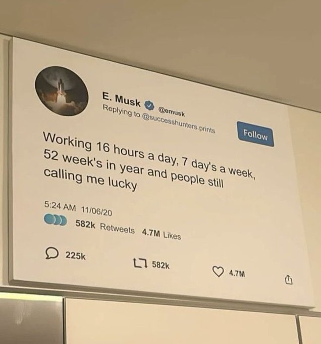 The image features a large poster with a message written on it that reads "Working 16 hours a day, 7 days a week calling me lucky people still." The poster also includes a Twitter handle, "@E.M. Musk," which is likely related to the person who posted the message. The post seems to be about someone's work schedule and how they perceive luck in their life.