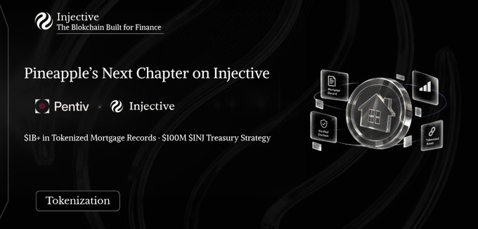 A dark promotional banner for Injective, 'The Blockchain Built for Finance', announcing 'Pineapple's Next Chapter on Injective' with a partnership between Pentiv and Injective for a '$100M $INJ Treasury Strategy', featuring a 'Tokenization' button.
