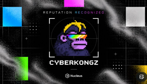 A pixel art graphic of a gorilla wearing sunglasses with a rainbow visor appears inside a camera viewfinder, surrounded by the text 'REPUTATION RECOGNIZED' and 'CYBERKONGZ,' with a Nucleus logo below.