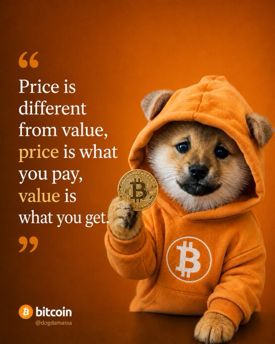 An orange-themed image featuring a Shiba Inu dog wearing an orange Bitcoin hoodie and holding a physical Bitcoin coin, with the quote 'Price is different from value, price is what you pay, value is what you get' credited to @dogdamassa.