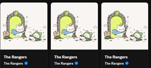 Three identical digital NFT cards titled 'The Rangers' featuring a cartoon white cat in a blue cape entering a green glowing portal, with a frog character sitting nearby.