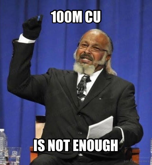A meme showing a smiling man in a black suit raising a gloved fist, with white text overlays reading '100M CU' at the top and 'IS NOT ENOUGH' at the bottom.
