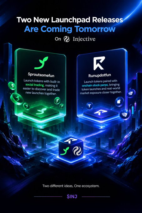 A promotional graphic announcing 'Two New Launchpad Releases Are Coming Tomorrow On Injective,' featuring Sproutsomefun and Runupdotfun, with the tagline 'Two different ideas. One ecosystem.'