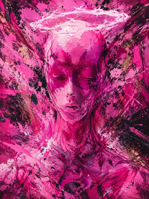 A vibrant, stylized digital painting depicts a pink-skinned figure with a white halo against a chaotic, splattered background of hot pink, magenta, and black hues.