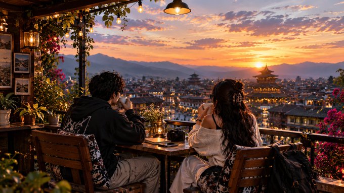 A scenic illustration of a couple sitting at a rooftop café at sunset, overlooking a cityscape with traditional East Asian architecture and mountains in the distance.