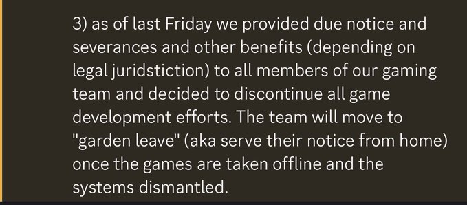 The image shows point 3 from what appears to be an official statement announcing the discontinuation of a gaming project, noting that staff were provided notice, severances, and benefits, and that the team will be placed on "garden leave" after the games are taken offline and systems dismantled. This relates to the accompanying post's discussion of Pixelmon's downfall, illustrating the consequences of a hyped NFT gaming project collapsing after the initial enthusiasm from whales and KOLs faded.