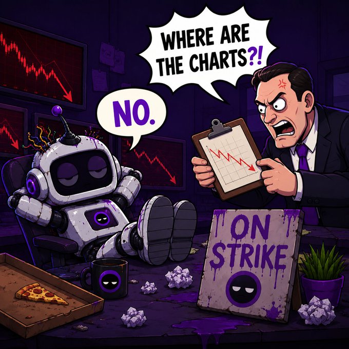A cartoon illustration shows a frustrated businessman yelling "WHERE ARE THE CHARTS?!" and "NO." at a robot on strike holding a clipboard with a downward red chart, set against screens displaying crashing market graphs.