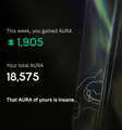 The image displays a screenshot of an AUDA earning dashboard showing $1,905 in winnings and 18,575 AUDA tokens, humorously visualizing the post's claim of making nearly $2,000 per week through passive AURA platform rewards.