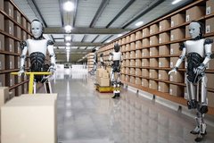 Several humanoid robots are displayed in a room with walls lined with shelves containing brown boxes.