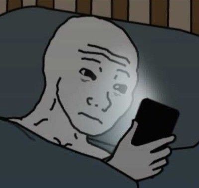 A black-and-white Wojak-style meme depicts a bald man lying in bed, illuminated only by the glow of the smartphone he is holding.