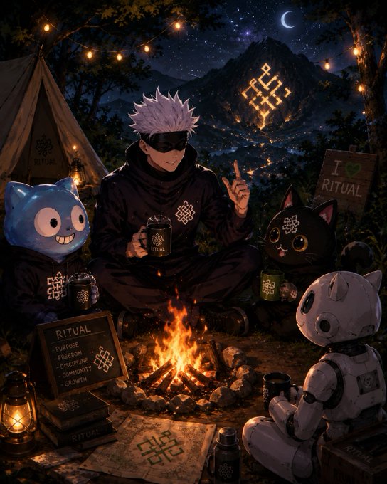 An anime-style illustration of a character in dark clothing sitting around a campfire with three mascot figures (a blue cat, black cat, and robot), with a chalkboard listing 'RITUAL' values of 'PURPOSE, FREEDOM, DISCIPLINE, COMMUNITY, GROWTH.'