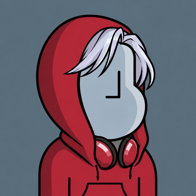 The image features a cartoon character wearing a red hoodie with headphones around their neck. The character appears to be a person, possibly a male or female, who has white hair and is wearing a red hoodie. They are looking off into the distance, giving the impression that they might be lost in thought or daydreaming. The image does not contain any text, but it seems to be related to the post about the npc crossover on Twitter.