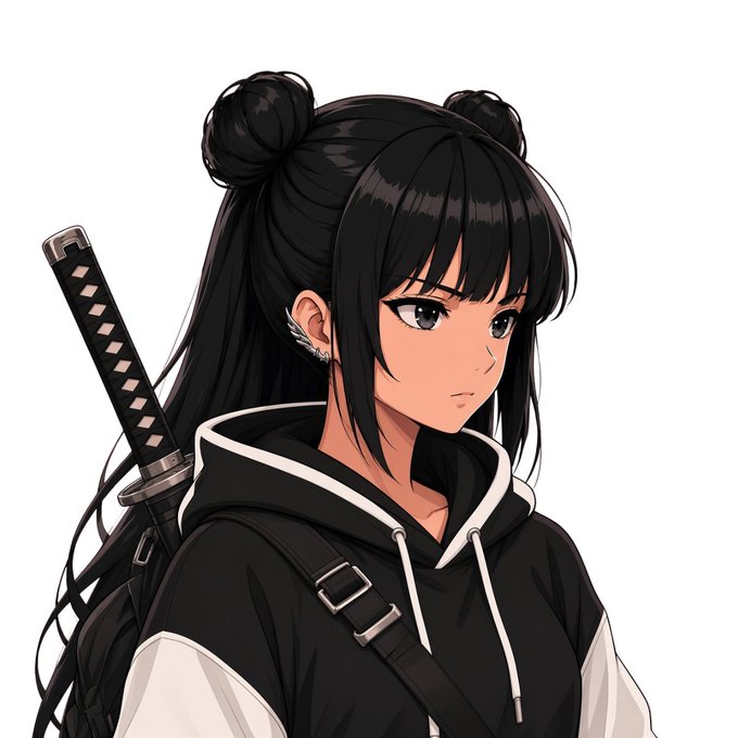 An anime-style illustration shows a young woman with long black hair styled in double buns, wearing a black hoodie and carrying a katana strapped to her back.