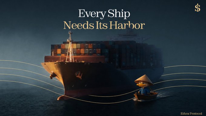 A promotional graphic for Ethra Protocol with the text 'Every Ship Needs Its Harbor' showing a large container ship at sea with a small figure in a boat wearing a conical hat in the foreground.
