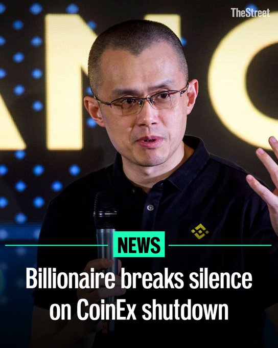 A man with glasses, identified as Changpeng Zhao (CZ), speaks into a microphone while wearing a black polo shirt featuring the Binance logo. The image, branded by TheStreet, includes a "NEWS" banner with the headline "Billionaire breaks silence on CoinEx shutdown," relating to his commentary on the crypto exchange's closure.