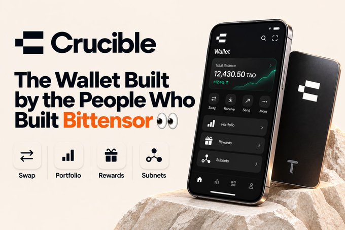 Advertisement for Crucible wallet with the text "The Wallet Built by the People Who Built Bittensor" showing a phone displaying a balance of 12,430.50 TAO.