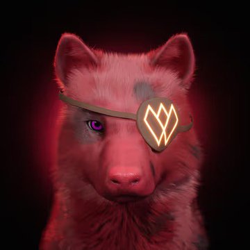 A stylized 3D render of a pink/purple fox-like animal with a glowing purple eye, wearing a black and gold eyepatch featuring a white geometric logo.