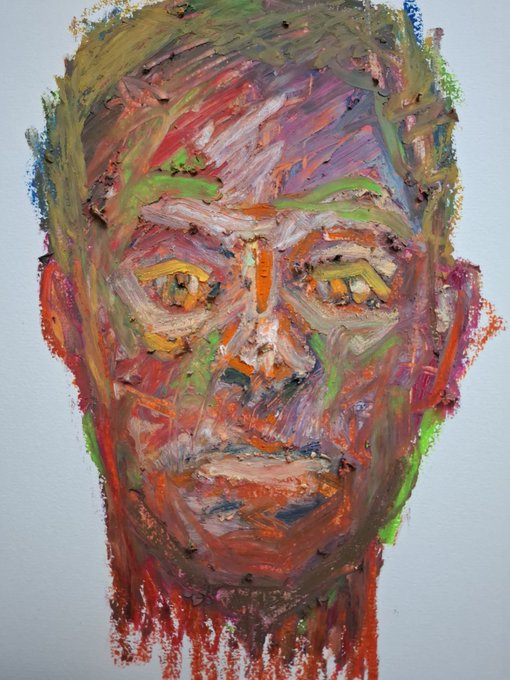 A colorful expressionist oil pastel portrait of a man's face rendered in thick, multicolored strokes.
