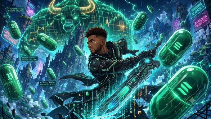 Cyberpunk illustration of a warrior with a glowing green sword facing a holographic bull, surrounded by blockchain-themed 'SYSTEM REBOOT' and 'CRYPTO RECOVERY' text and pills with Bitcoin logos.
