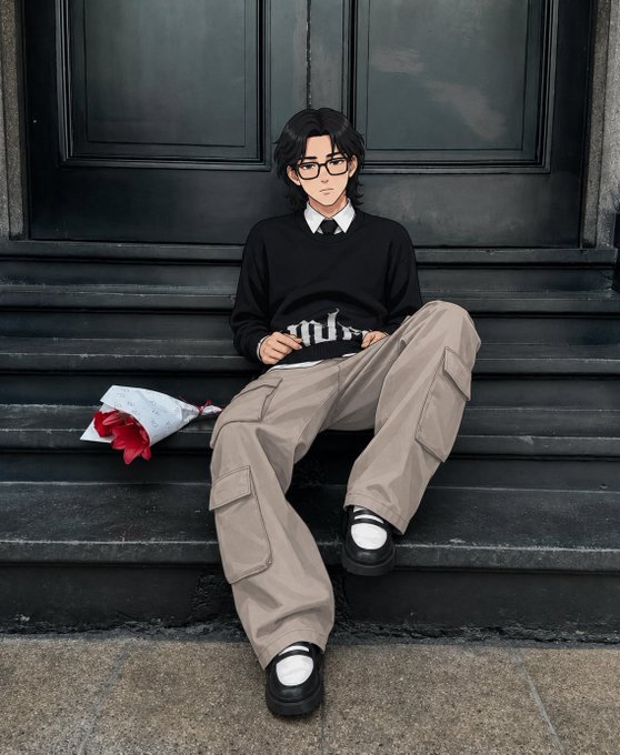 The image features a young man sitting on some steps with his legs crossed. He's wearing glasses and a sweater that has "un" written on it. The background of the photo shows a door, suggesting an indoor setting or perhaps a hallway. There is also a red rose in front of him, adding a touch of color to the scene. The image includes text that reads "gm ?".
