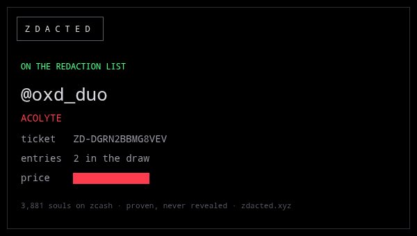 A digital ticket card from ZDACTED showing '@oxd_duo' as an ACOLYTE with 2 entries in the draw, priced at 3,881 souls on zcash.