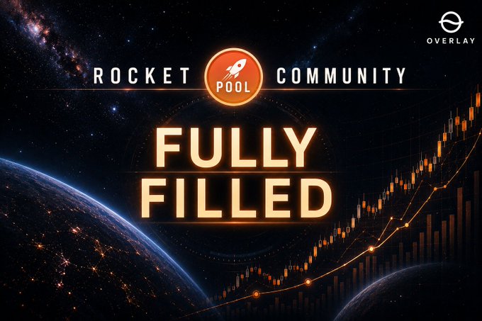 A space-themed graphic for 'ROCKET POOL COMMUNITY' by OverLay announces 'FULLY FILLED' in glowing orange text against a starry background with an ascending candlestick chart and a planet.