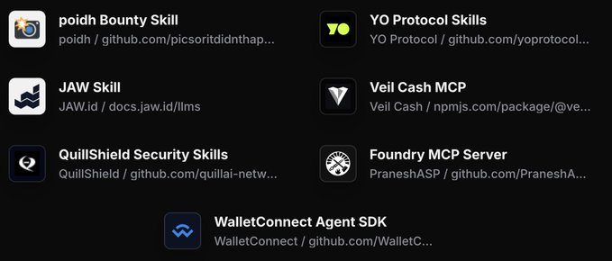 A dark-themed interface listing various software tools and skills, including 'poidh Bounty Skill', 'JAW Skill', 'QuillShield Security Skills', 'YO Protocol Skills', 'Veil Cash MCP', 'Foundry MCP Server', and 'WalletConnect Agent SDK'.