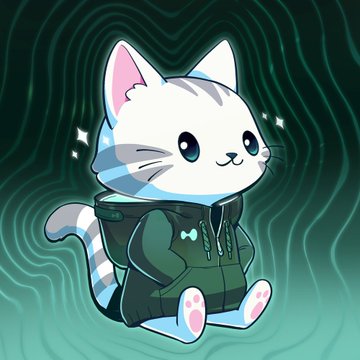 A cute digital illustration of a white cat with blue stripes wearing a dark green hoodie, sitting against a wavy teal background with sparkles.
