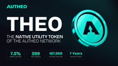 Promotional graphic for "THEO," the native utility token of the Autheo Network, displaying statistics including 7.5%, 399, 187,969, and 7 Years.