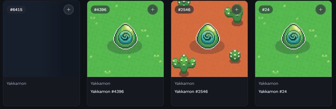 A screenshot of a digital collection interface displaying four Yakkamon NFT items (#6415, #4396, #2546, #24), each featuring a swirling blue and green egg-like creature in various environments.