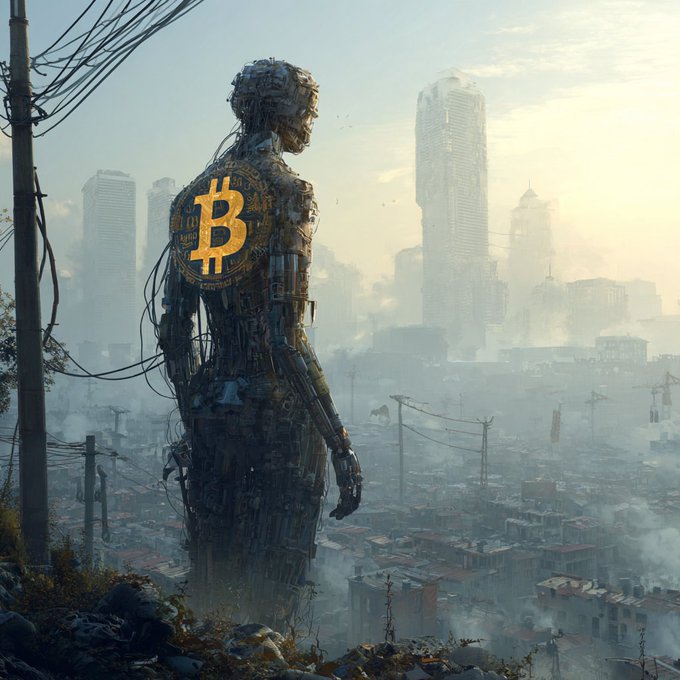 Digital artwork showing a mechanical humanoid figure with a Bitcoin logo on its back, overlooking a foggy, dystopian cityscape.