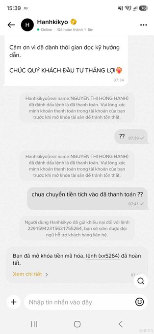 A scam warning screenshot showing a Vietnamese Telegram chat with "Hanhkiyo" (@Hanhkiyo) where Nguyen Thi Hong Hanh attempted to scam a buyer by marking the order complete before receiving payment, redirecting the user to send $764 to account "22915942315631755264" before unlocking funds.

The accompanying post criticizes the merchant for this scam tactic, noting the buyer wisely refused to transfer money first despite the pressure tactics visible in the conversation.