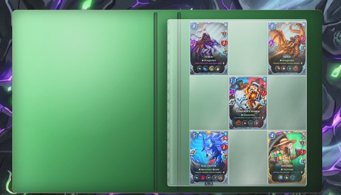 A green collector's binder displaying trading cards on the right page, including holographic cards labeled 'TYRANT', 'HERO', 'EXCALIBUR', 'ICE CROWN', and 'BREAKER', while the left page is blank.