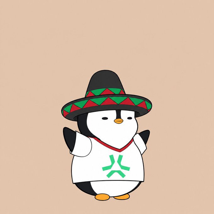 A cartoon penguin wearing a black sombrero with red and green trim and a white shirt featuring the green Abstract logo stands against a beige background.