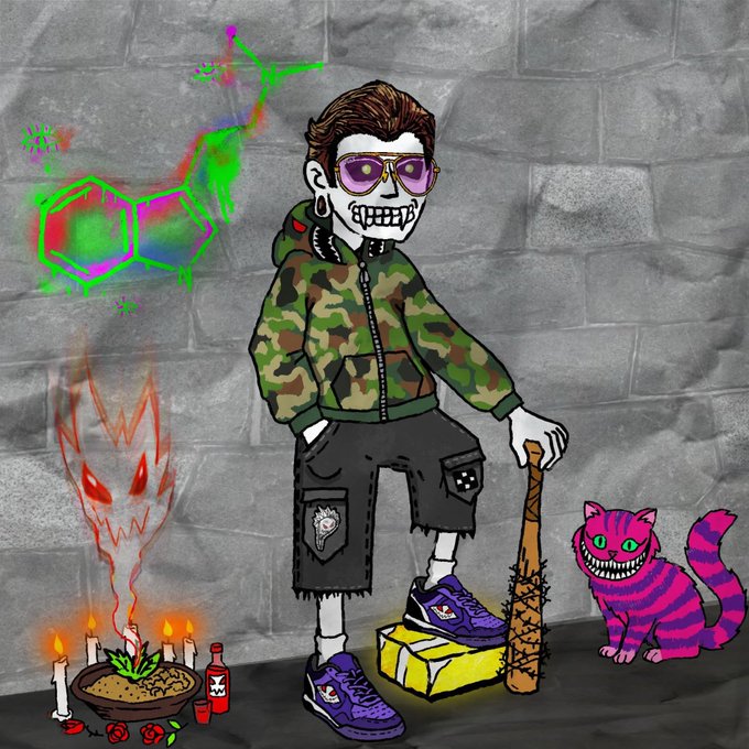 A cartoon/illustration of a skeleton-faced character with sunglasses and earrings, wearing a camouflage hoodie, cargo shorts, and purple sneakers, standing on a gold bar while holding a spiked bat, accompanied by a pink and purple striped Cheshire cat-like creature, with candles, a ritual bowl, and green ghostly graffiti in the background.