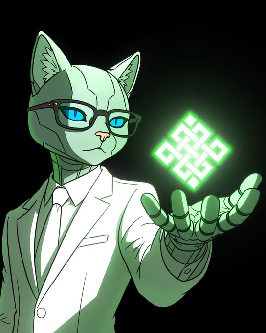 An anime-style robotic cat character wearing glasses, a suit, and tie, holding a glowing green geometric cryptocurrency symbol.