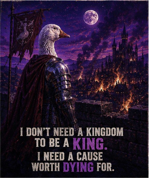 A fantasy illustration of an eagle-headed knight in armor overlooking a burning castle with a full moon, captioned 'I DON'T NEED A KINGDOM TO BE A KING. I NEED A CAUSE WORTH DYING FOR.'