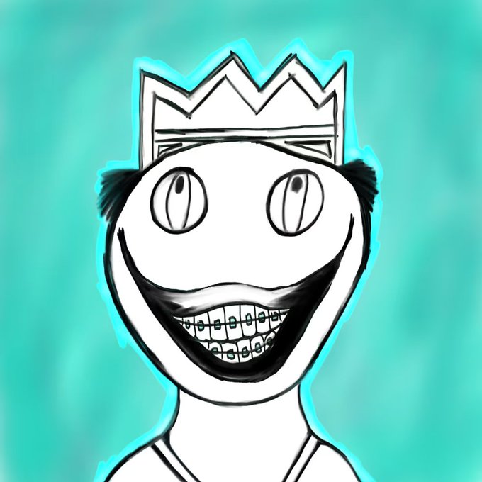 A hand-drawn illustration of a grinning cartoon character with a crown and bulging eyes on a teal background.