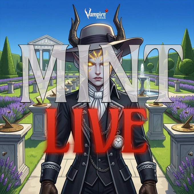 A promotional graphic for "Vampire Saga" features a horned, pale-skinned vampire figure in formal Victorian attire with glowing golden eyes, set against a manicured garden background with a fountain and classical architecture. Bold overlays display "MINT LIVE" along with the Vampire Saga logo, announcing that the PFP mint is now available on OpenSea with OG access, followed by BloodList and public mint phases.