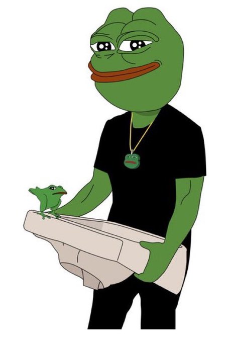 A cartoon illustration of Pepe the Frog wearing a black t-shirt and a small frog pendant necklace, holding a smaller frog and a briefcase.