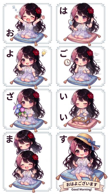 A set of eight chibi-style anime stickers featuring a girl in a white dress saying 'おはようございます' (Good Morning!) with various actions like sleeping, eating, and brushing hair.