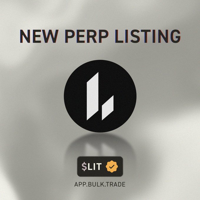 A promotional graphic with the text 'NEW PERP LISTING' above a black circular logo featuring a stylized white 'b' design, with a '$LIT' verification badge and 'APP.BULK.TRADE' URL below.